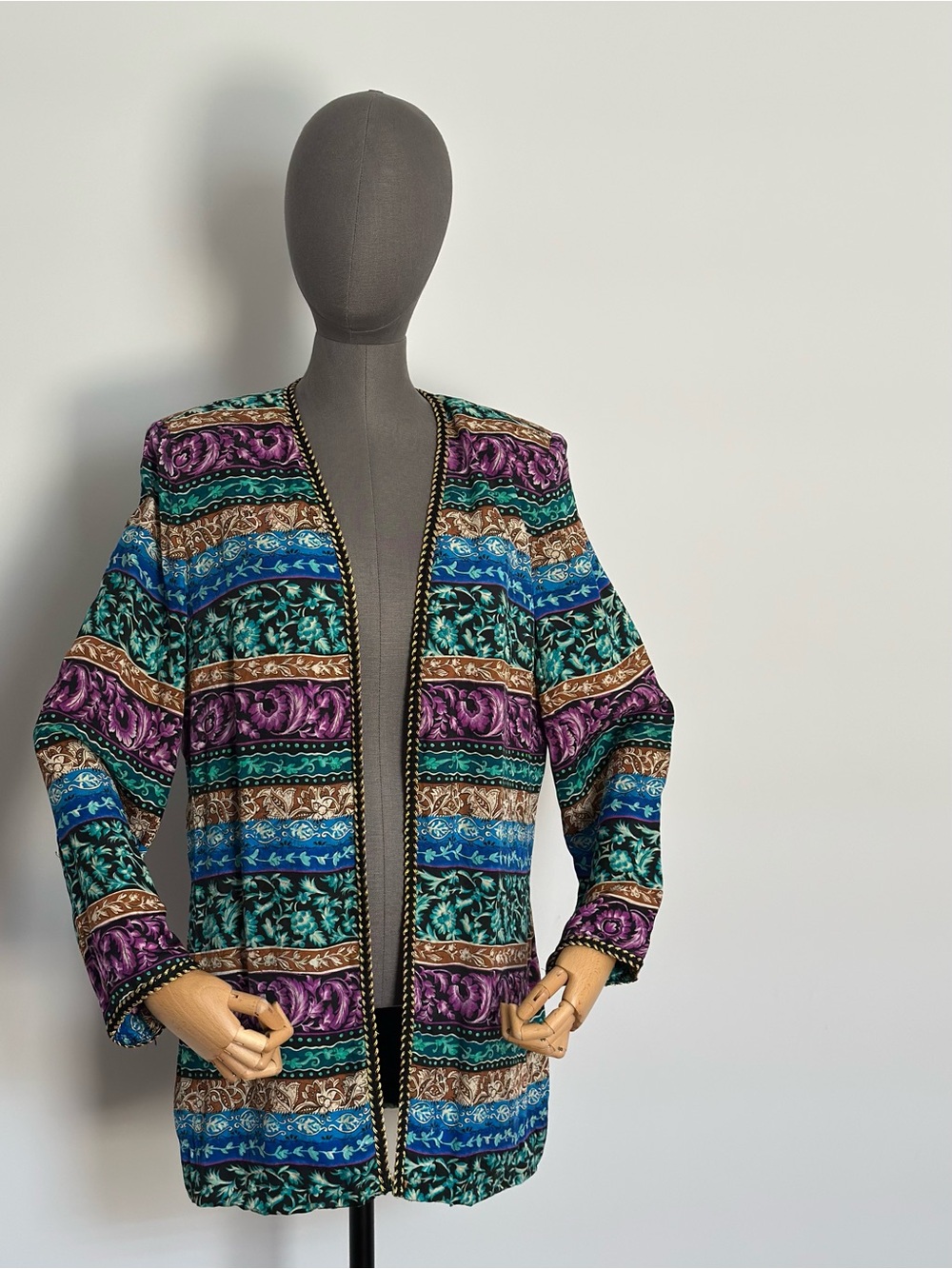 Colorful Floral Silk Jacket Pink Turquois Gold Braid Trim